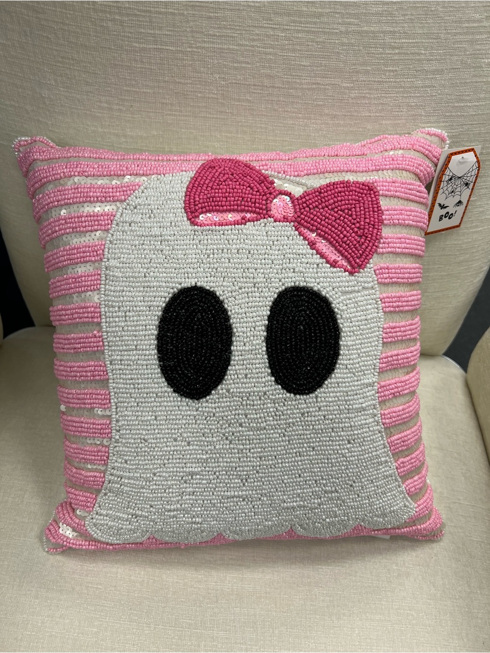 Sequins Ghost & Pink Bow Decorative Pillow